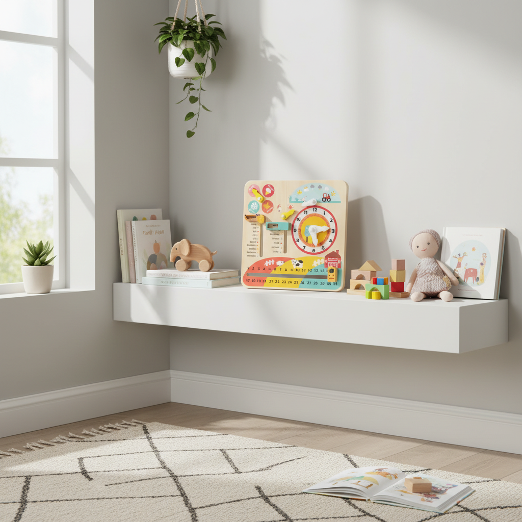Montessori clock on shelf with toys