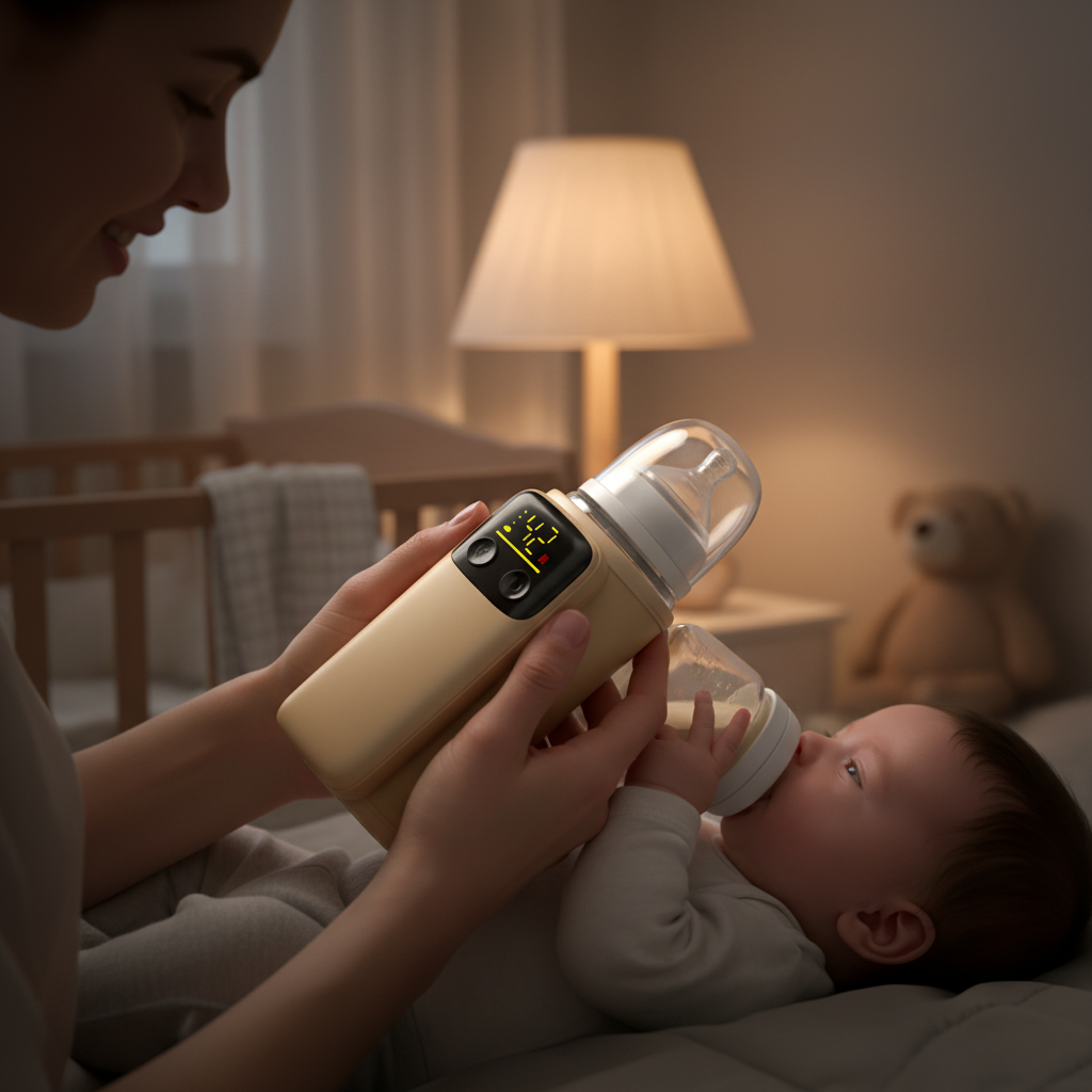 Mother feeding baby with bottle warmer at night