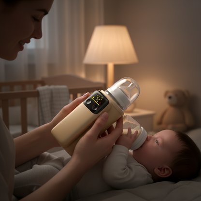 Mother feeding baby with bottle warmer at night