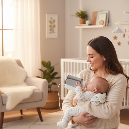 Mother feeding baby with bottle warmer