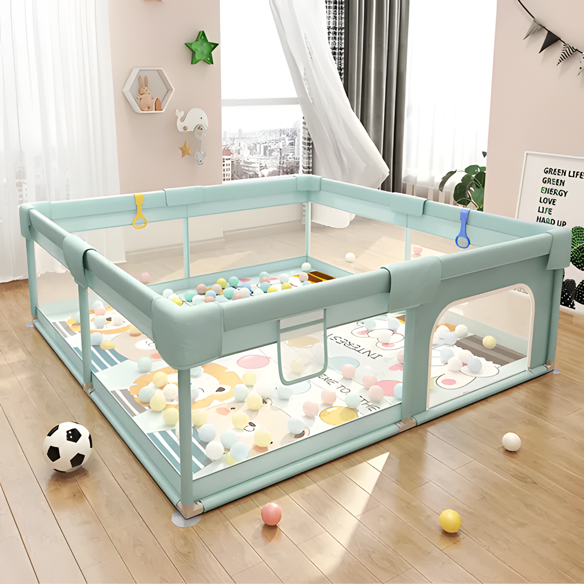 Baby Playpen with Pull Ring | Breathable Large Safety Gate Fence for Kids | Indoor & Outdoor Activity Center