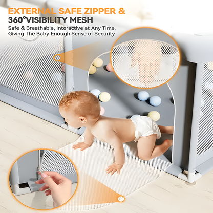 Baby Playpen with Pull Ring | Breathable Large Safety Gate Fence for Kids | Indoor & Outdoor Activity Center