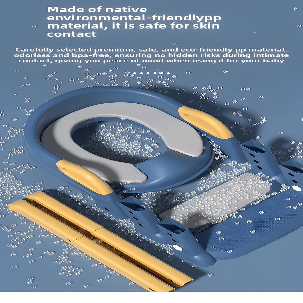 Product with text about eco-friendly material on a blue background