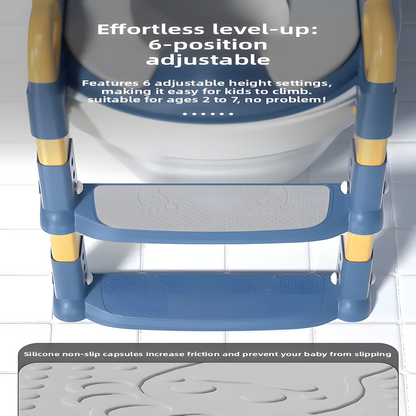Children's step stool with adjustable height settings on a tiled floor.