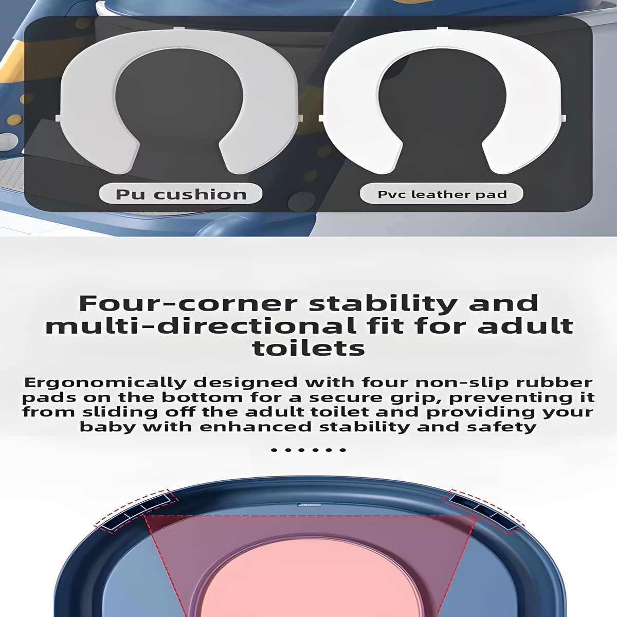 Product packaging with 'Pu cushion' and 'Pvc leather pad' labels, featuring text about product features.