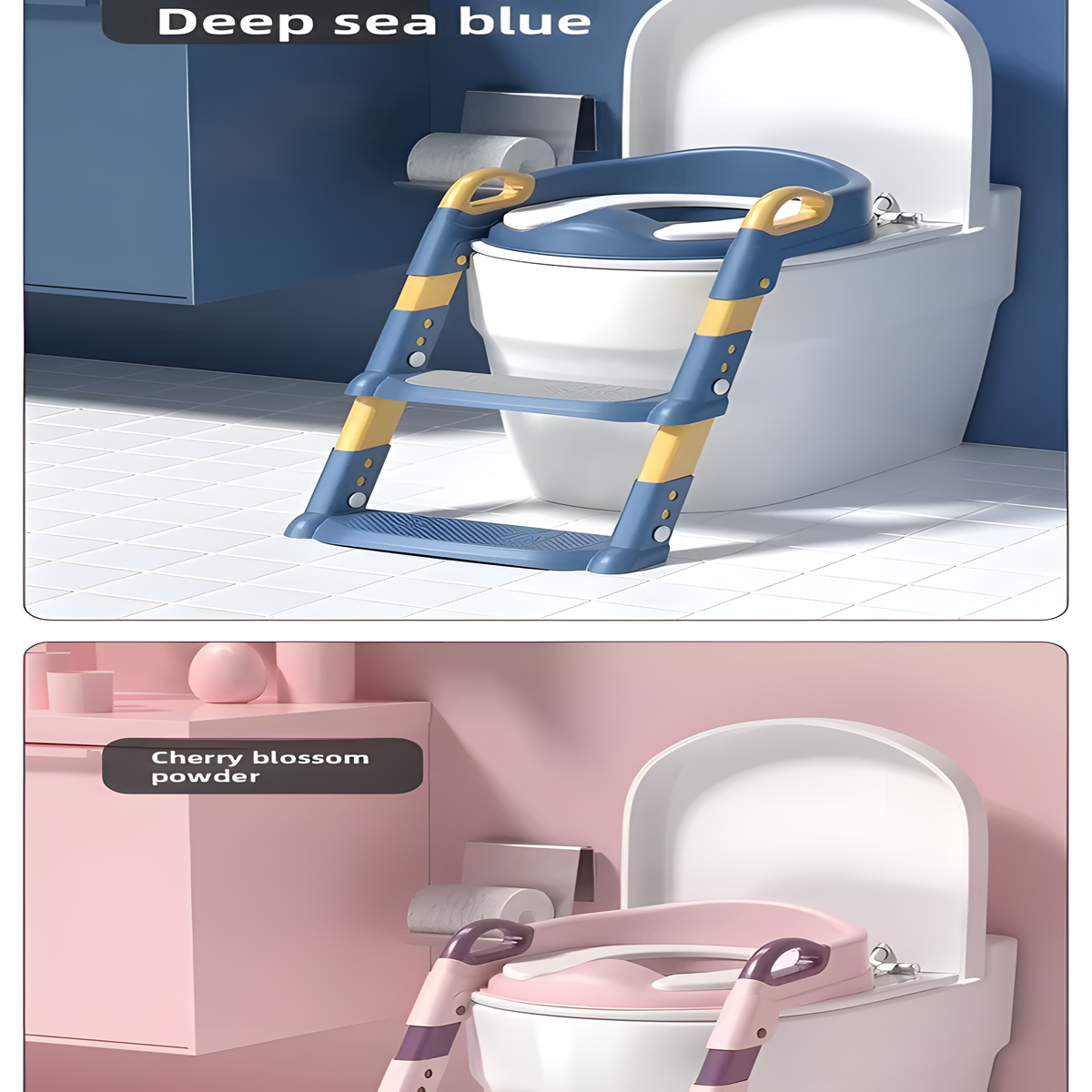 Two images of children's toilet seats with step stools, one in deep sea blue and the other in cherry blossom pink, on a bathroom background.