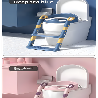 Two images of children's toilet seats with step stools, one in deep sea blue and the other in cherry blossom pink, on a bathroom background.