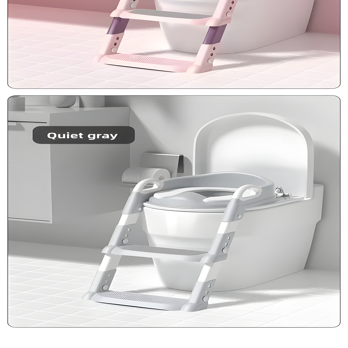 White toilet seat with step stool attachment on a neutral background