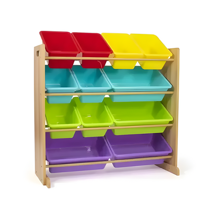 Kids Toy Storage Rack with 12 Bins | Wood & Plastic, Multi-Color