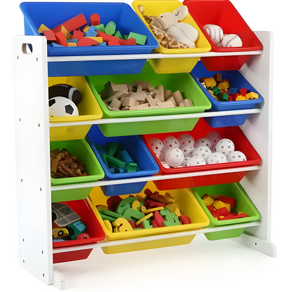 Kids Toy Storage Rack with 12 Bins | Wood & Plastic, Multi-Color