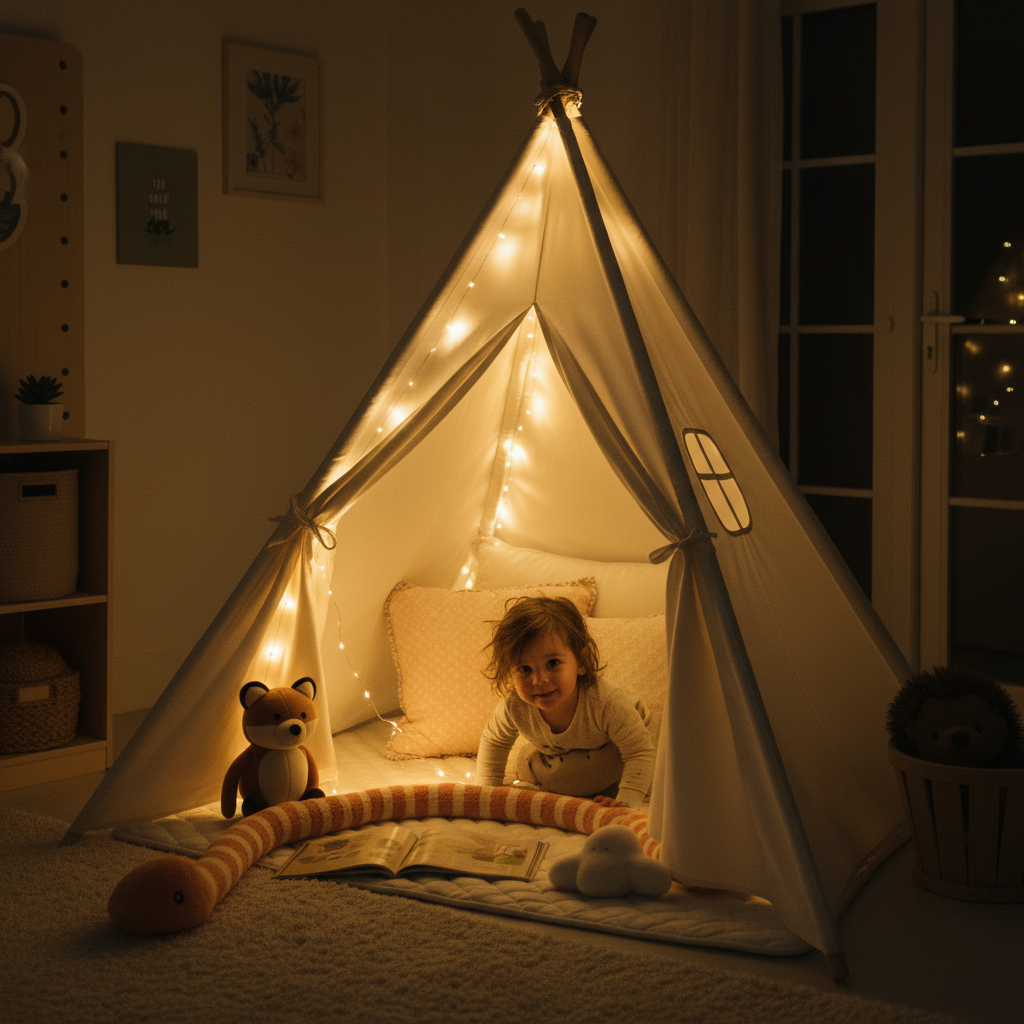 Teepee tent with star lights at night