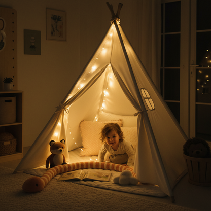Teepee tent with star lights at night