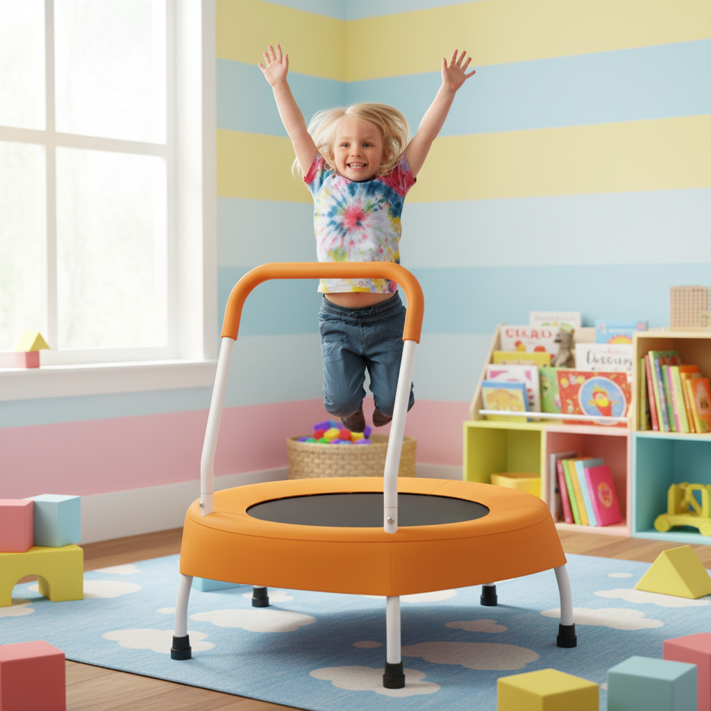 Toddler jumping on trampoline
