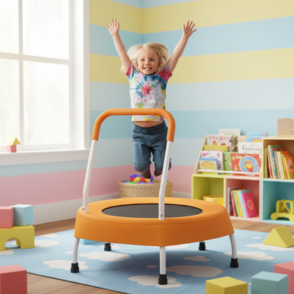 Toddler jumping on trampoline