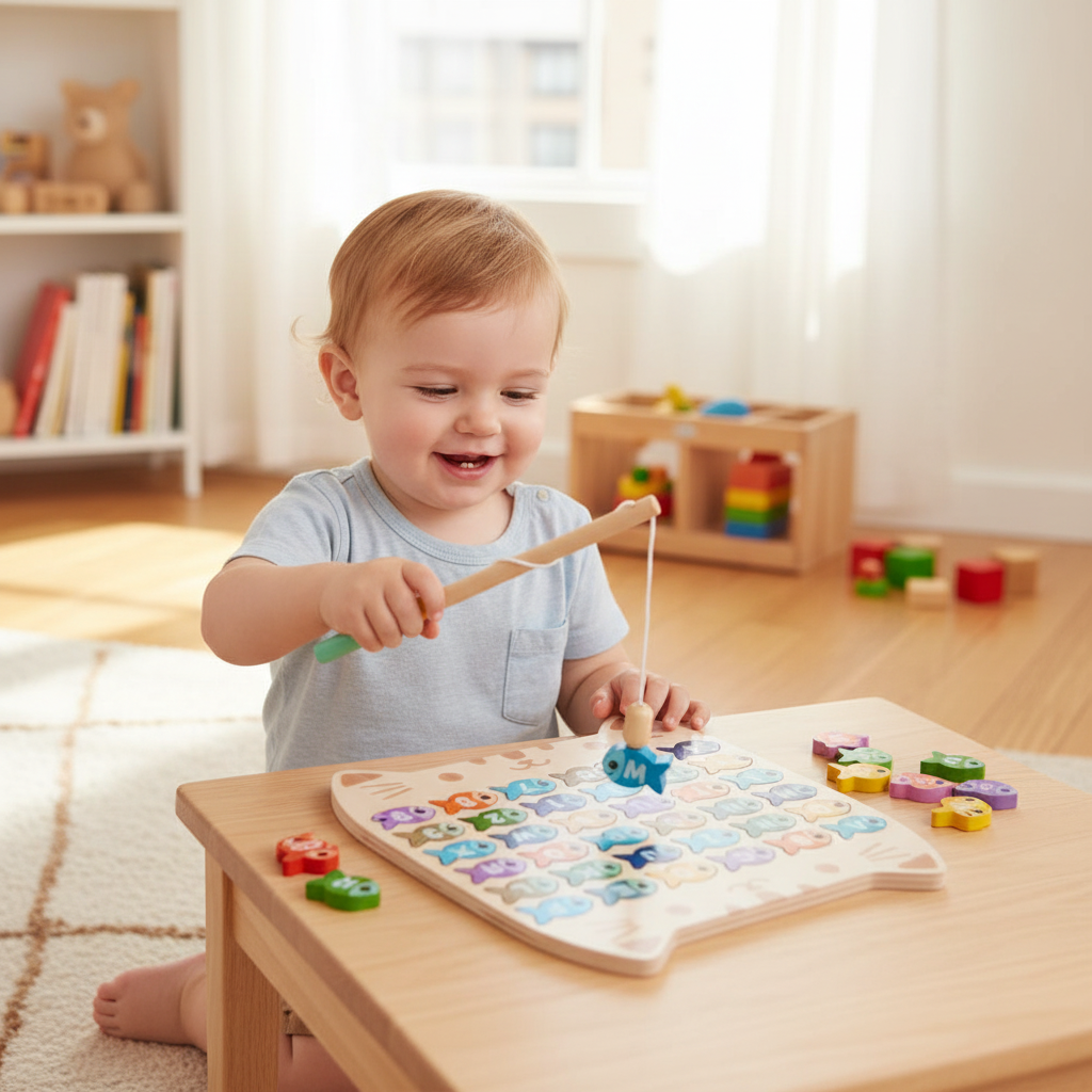 Toddler playing wooden magnetic fishing game