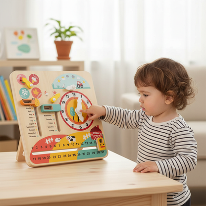 Toddler pointing at Montessori learning clock
