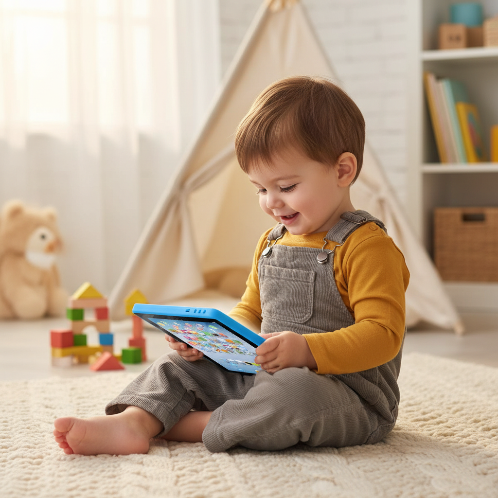 Toddler using learning tablet