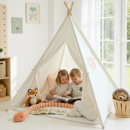 Two kids reading inside teepee tent