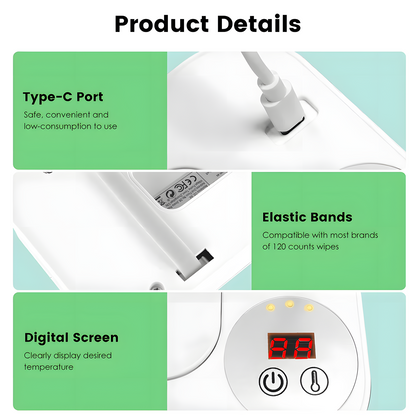 Baby Wipe Warmer - USB-C Rechargeable Portable Wipe Heater with 3 Temperature Settings & LED Display, Top-Heating Design