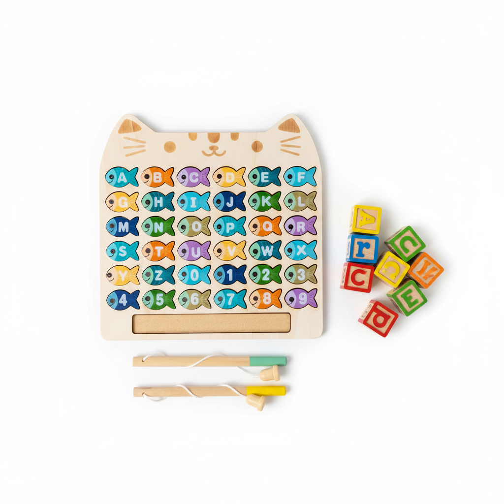 Wooden magnetic fishing game flat lay